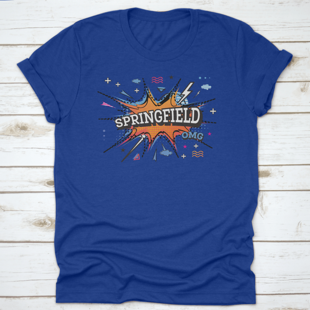 Springfield Comic Text T-Shirt in pop art style, featuring vibrant colors and a classic fit, displayed on a white background.