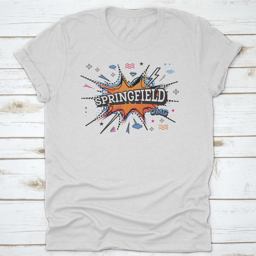 Springfield Comic Text T-Shirt in pop art style, featuring vibrant colors and a classic fit, displayed on a white background.