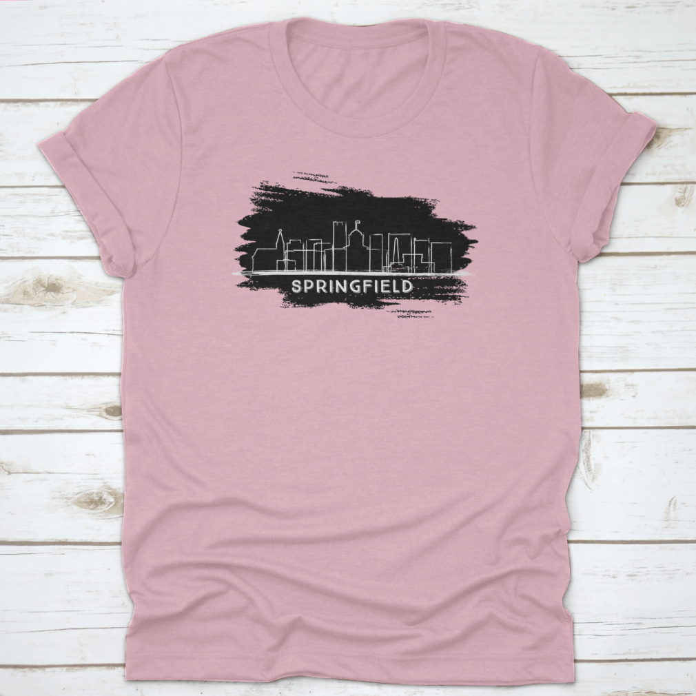 Hand-drawn sketch of the Springfield Illinois city skyline silhouette on a cotton fabric background.