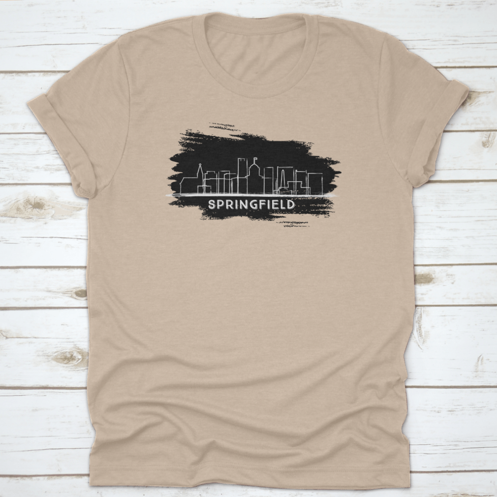 Hand-drawn sketch of the Springfield Illinois city skyline silhouette on a cotton fabric background.