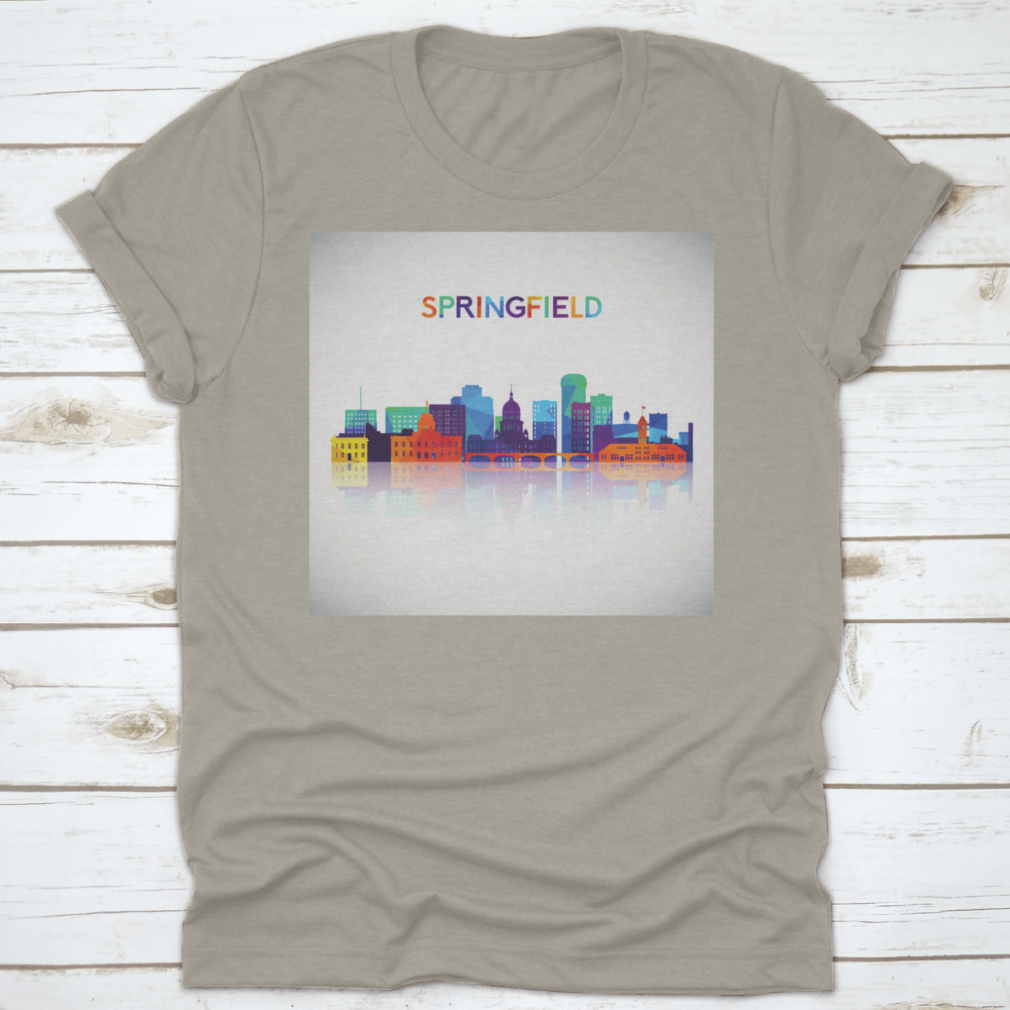 Colorful geometric silhouette of Springfield skyline on a cotton shirt, showcasing vibrant colors and modern design.