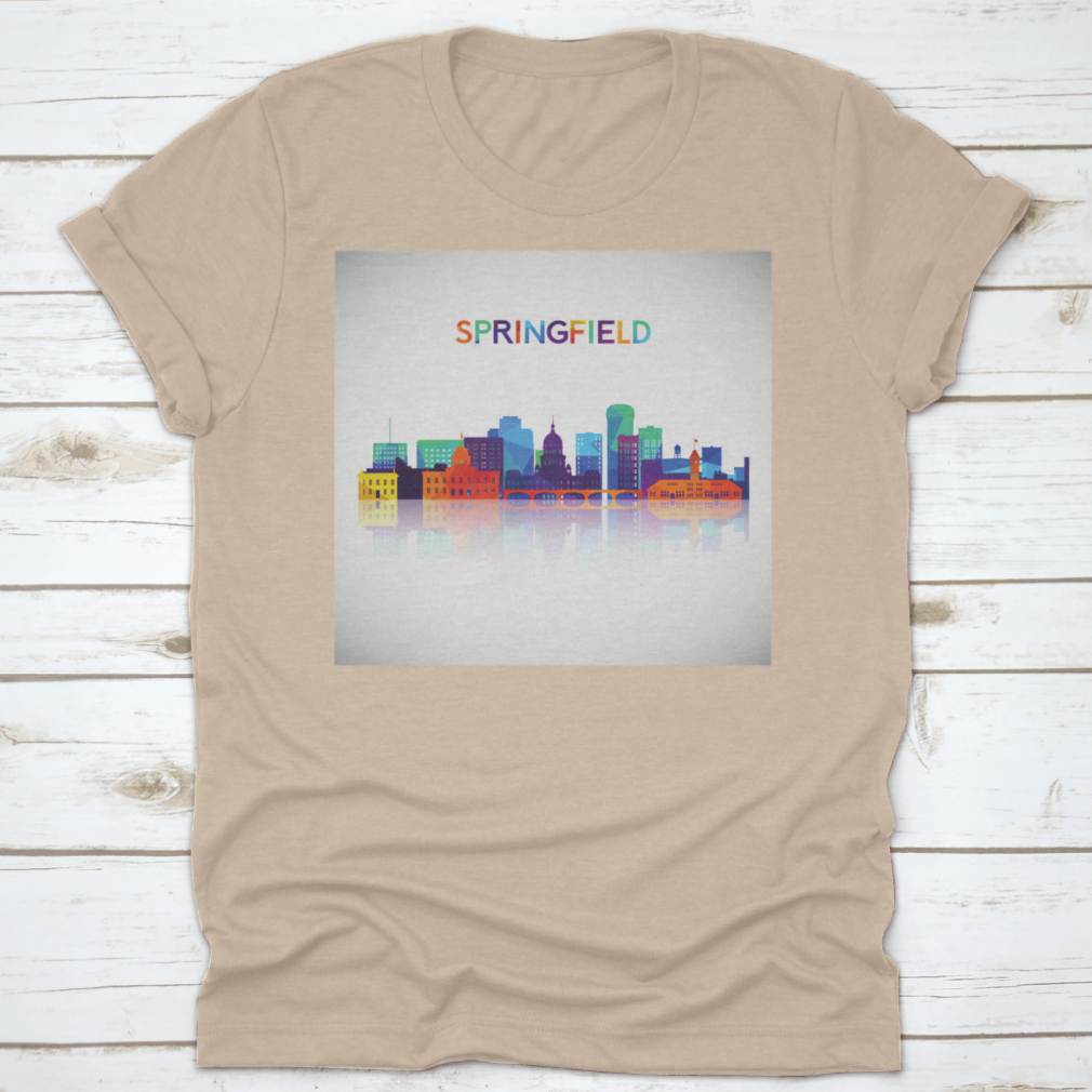 Colorful geometric silhouette of Springfield skyline on a cotton shirt, showcasing vibrant colors and modern design.