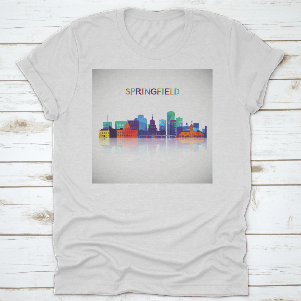 Colorful geometric silhouette of Springfield skyline on a cotton shirt, showcasing vibrant colors and modern design.