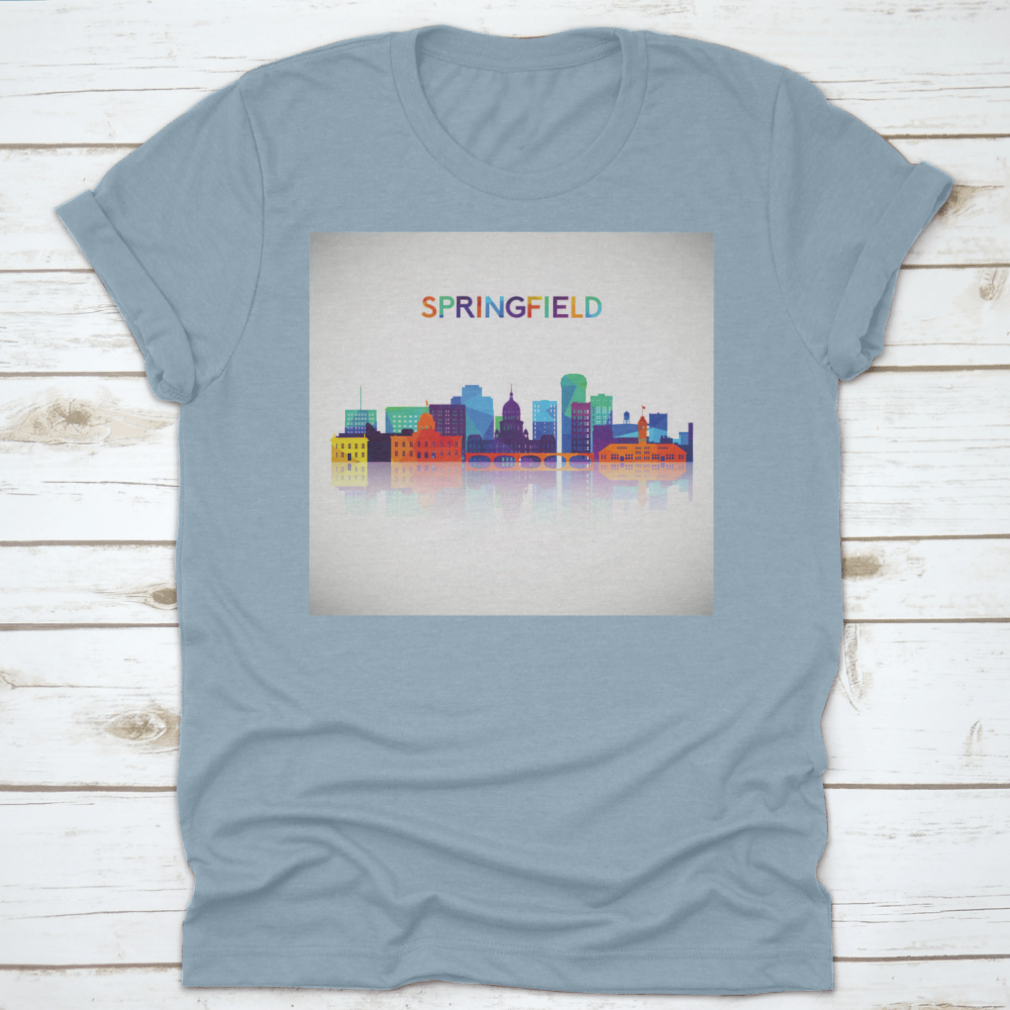 Colorful geometric silhouette of Springfield skyline on a cotton shirt, showcasing vibrant colors and modern design.