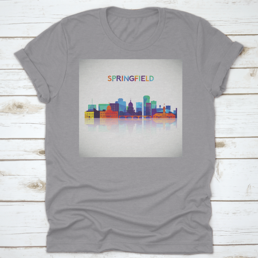 Colorful geometric silhouette of Springfield skyline on a cotton shirt, showcasing vibrant colors and modern design.