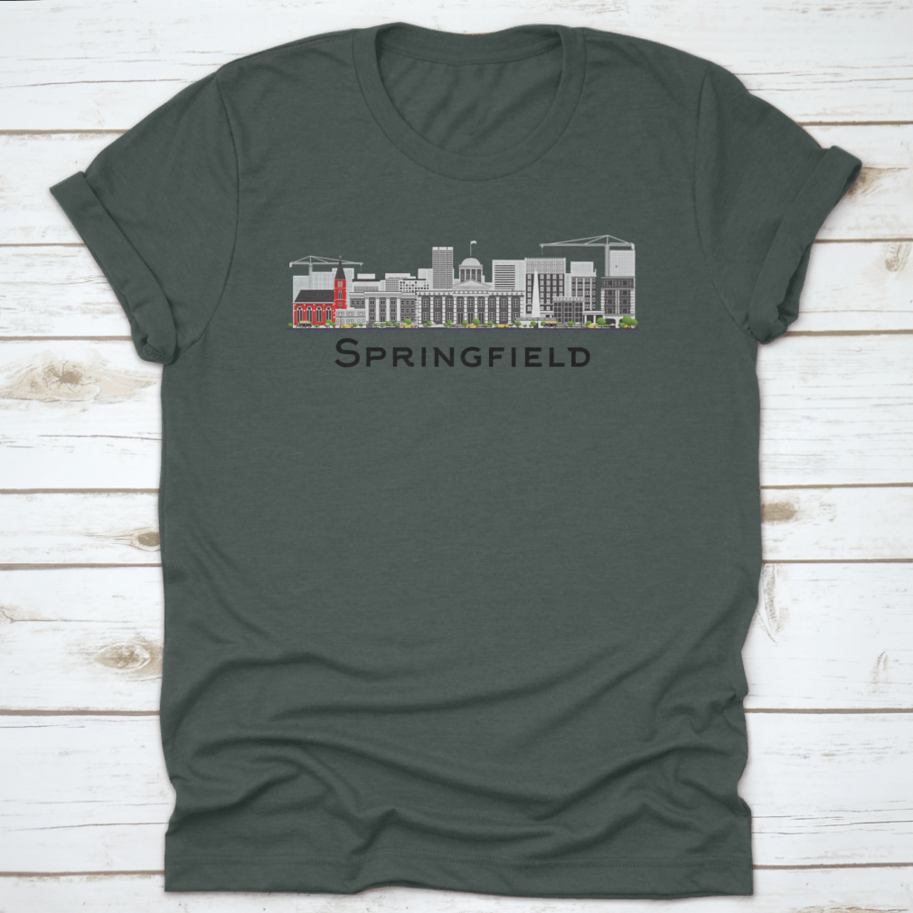 Springfield Skyline T-shirt featuring gray buildings on a white background, showcasing a classic fit and midweight fabric.