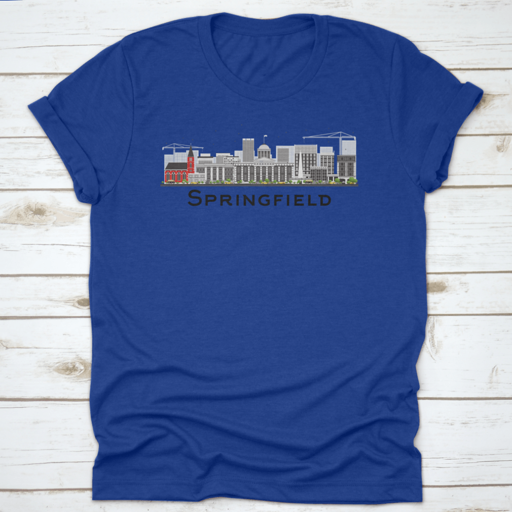 Springfield Skyline T-shirt featuring gray buildings on a white background, showcasing a classic fit and midweight fabric.