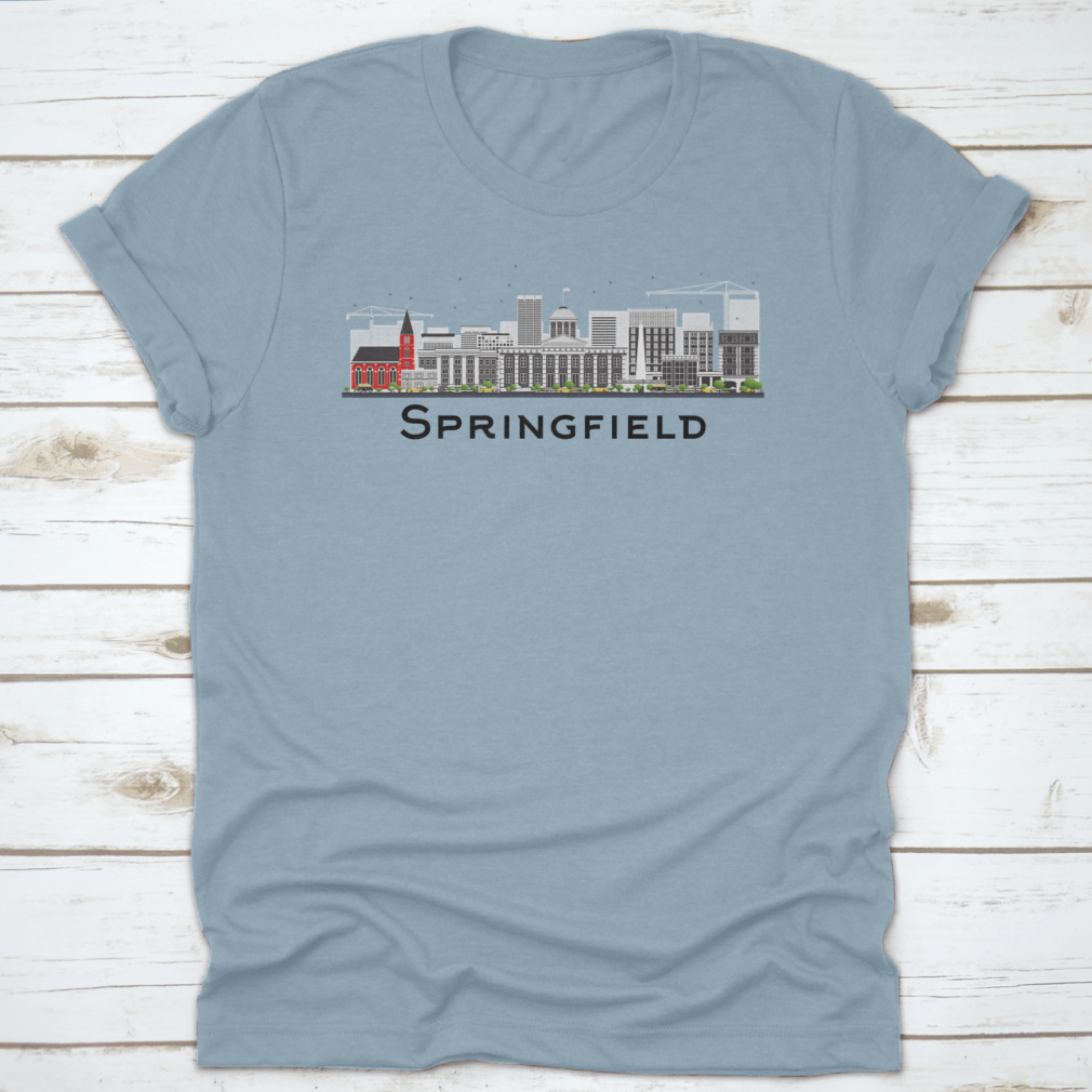 Springfield Skyline T-shirt featuring gray buildings on a white background, showcasing a classic fit and midweight fabric.