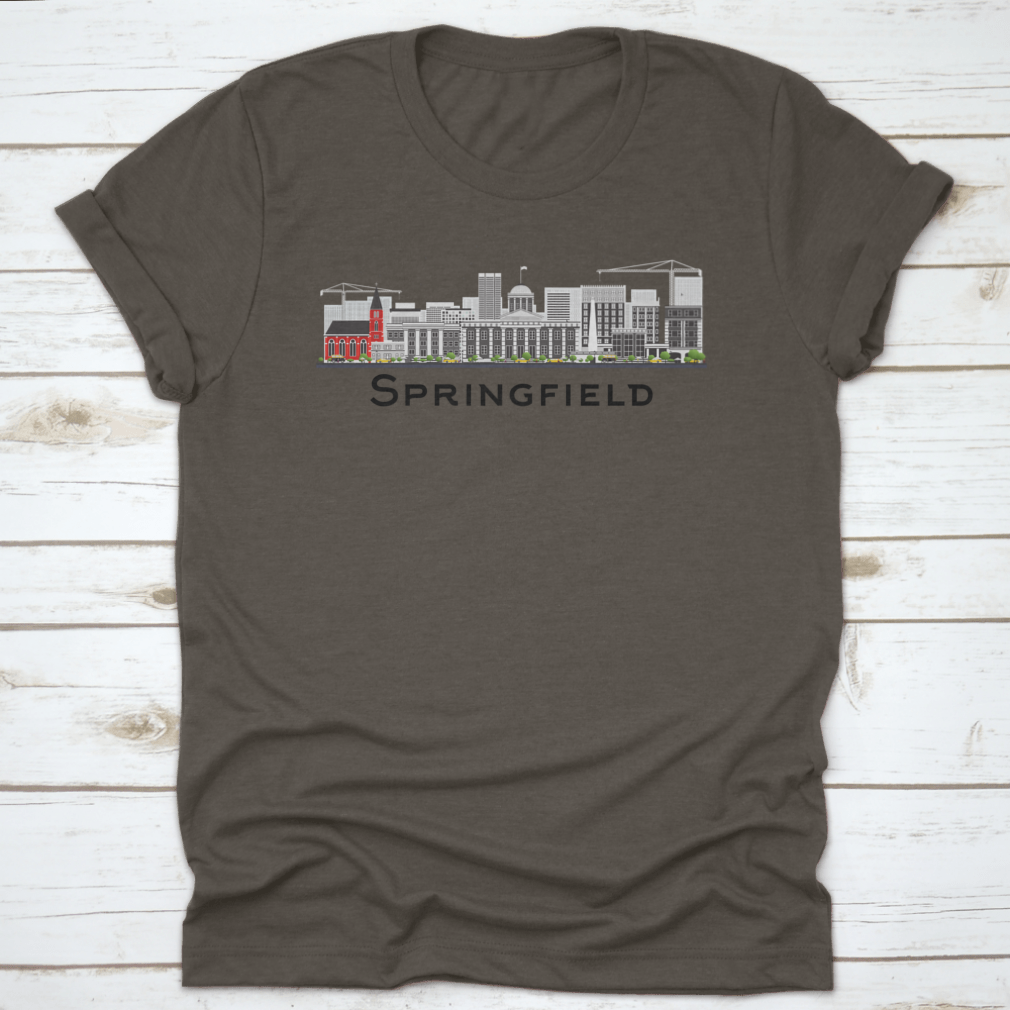 Springfield Skyline T-shirt featuring gray buildings on a white background, showcasing a classic fit and midweight fabric.