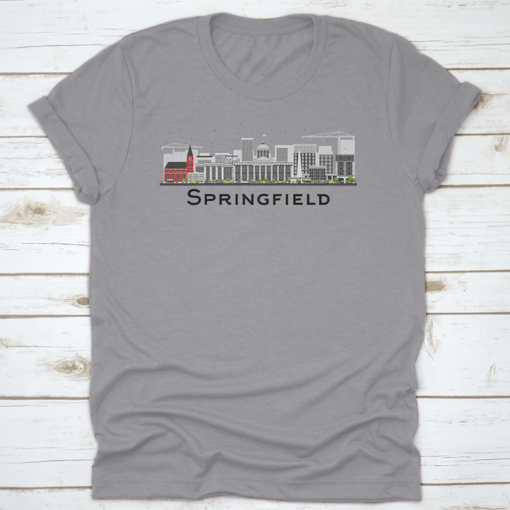 Springfield Skyline T-shirt featuring gray buildings on a white background, showcasing a classic fit and midweight fabric.