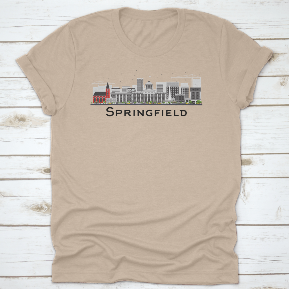 Springfield Skyline T-shirt featuring gray buildings on a white background, showcasing a classic fit and midweight fabric.