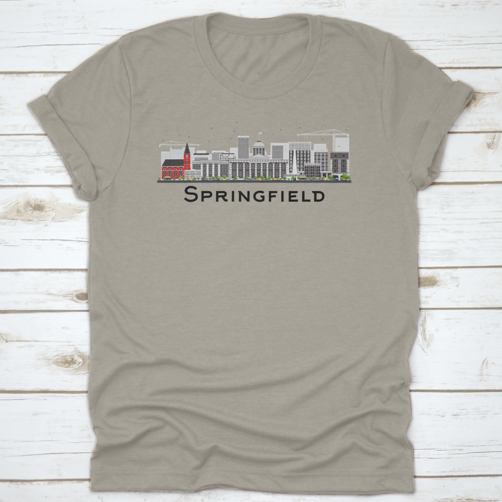 Springfield Skyline T-shirt featuring gray buildings on a white background, showcasing a classic fit and midweight fabric.