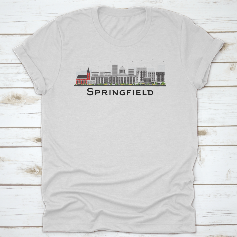 Springfield Skyline T-shirt featuring gray buildings on a white background, showcasing a classic fit and midweight fabric.