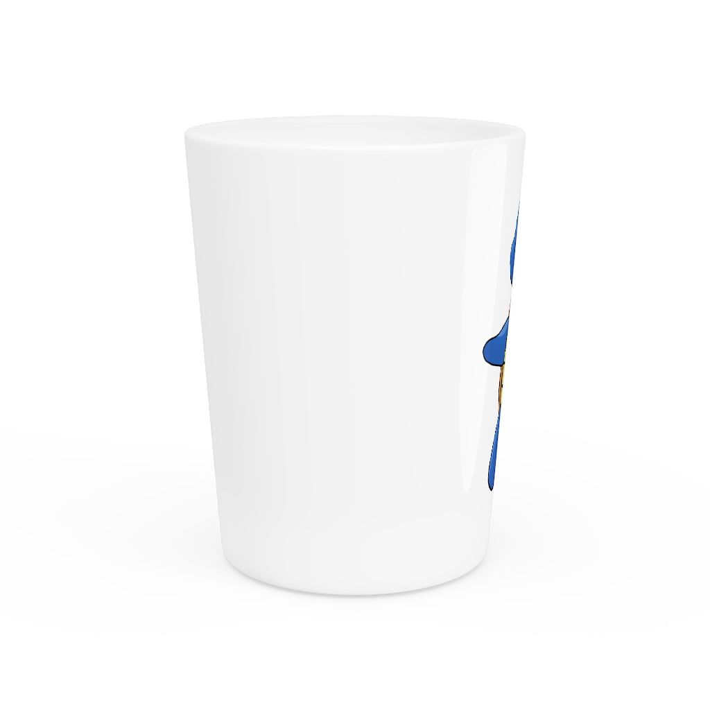 A personalized Squata Shot Glass made of ceramic, featuring a customizable design with a white or black interior.