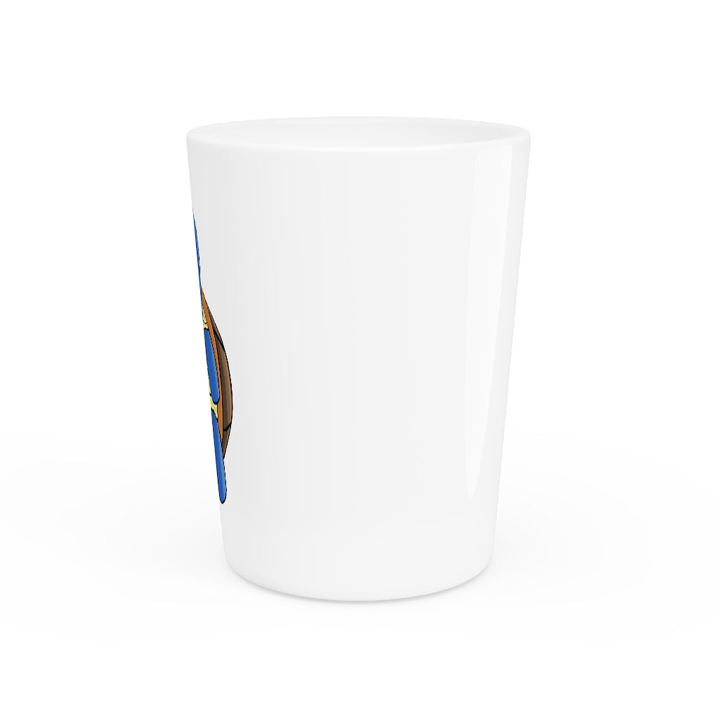 A personalized Squata Shot Glass made of ceramic, featuring a customizable design with a white or black interior.