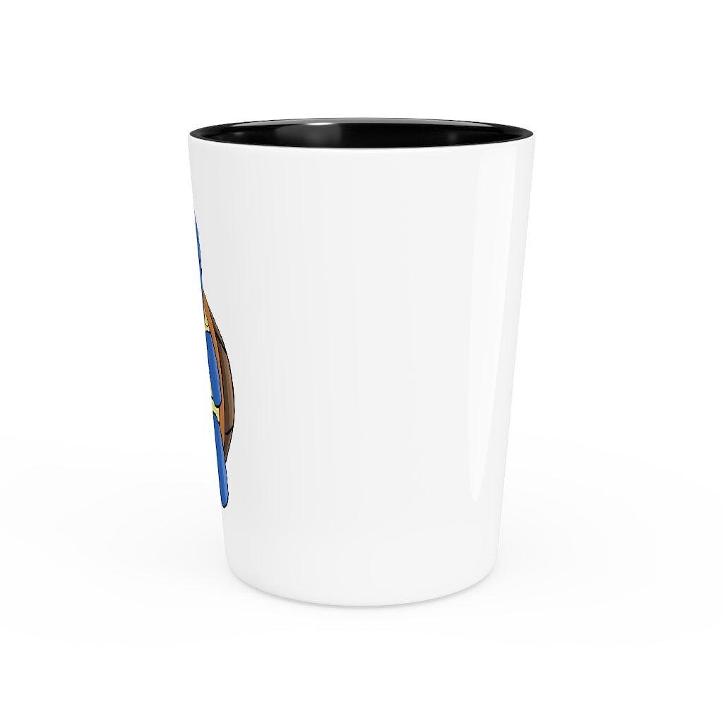 A personalized Squata Shot Glass made of ceramic, featuring a customizable design with a white or black interior.