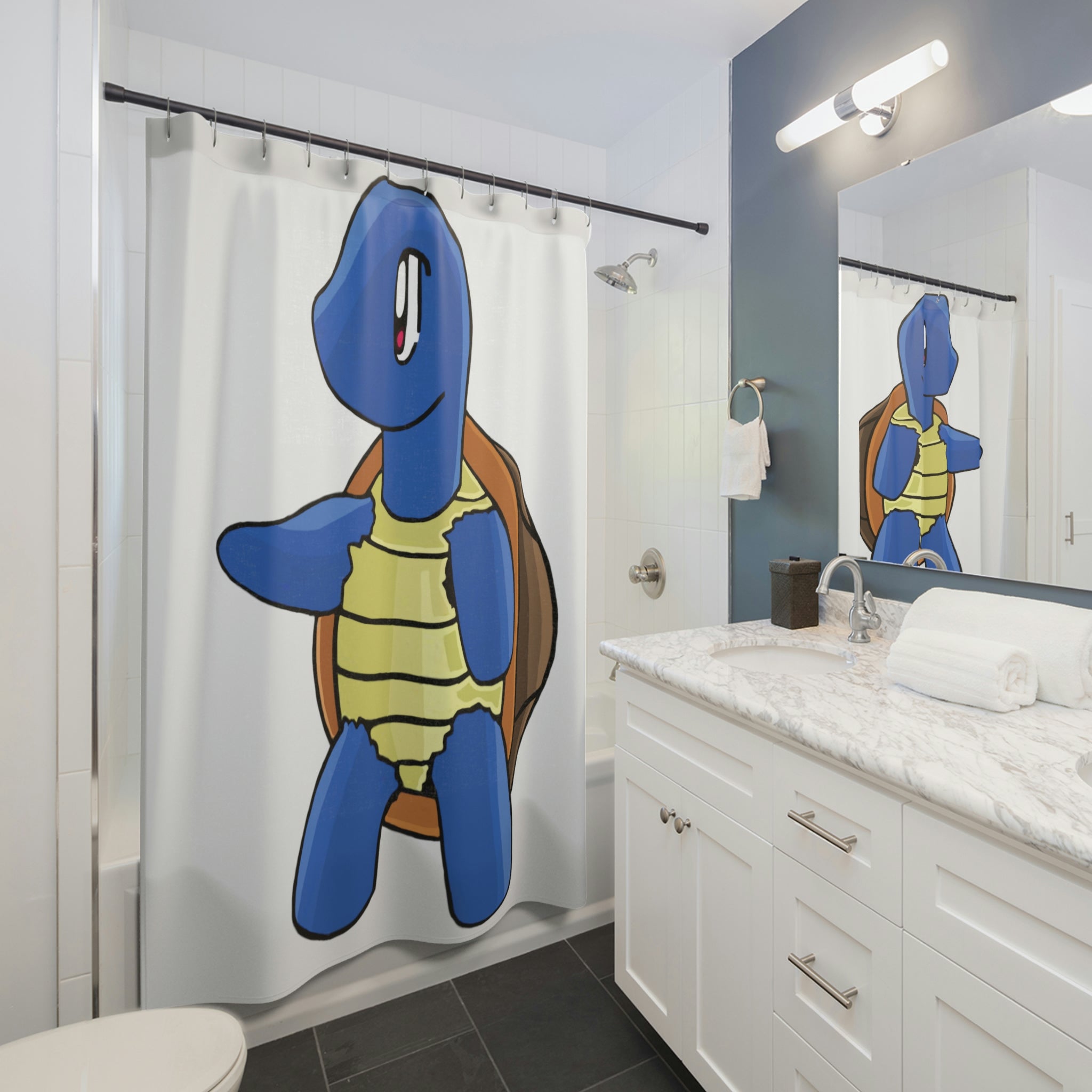 A vibrant Squata Shower Curtain made of durable polyester featuring a unique design, perfect for adding style to any bathroom.