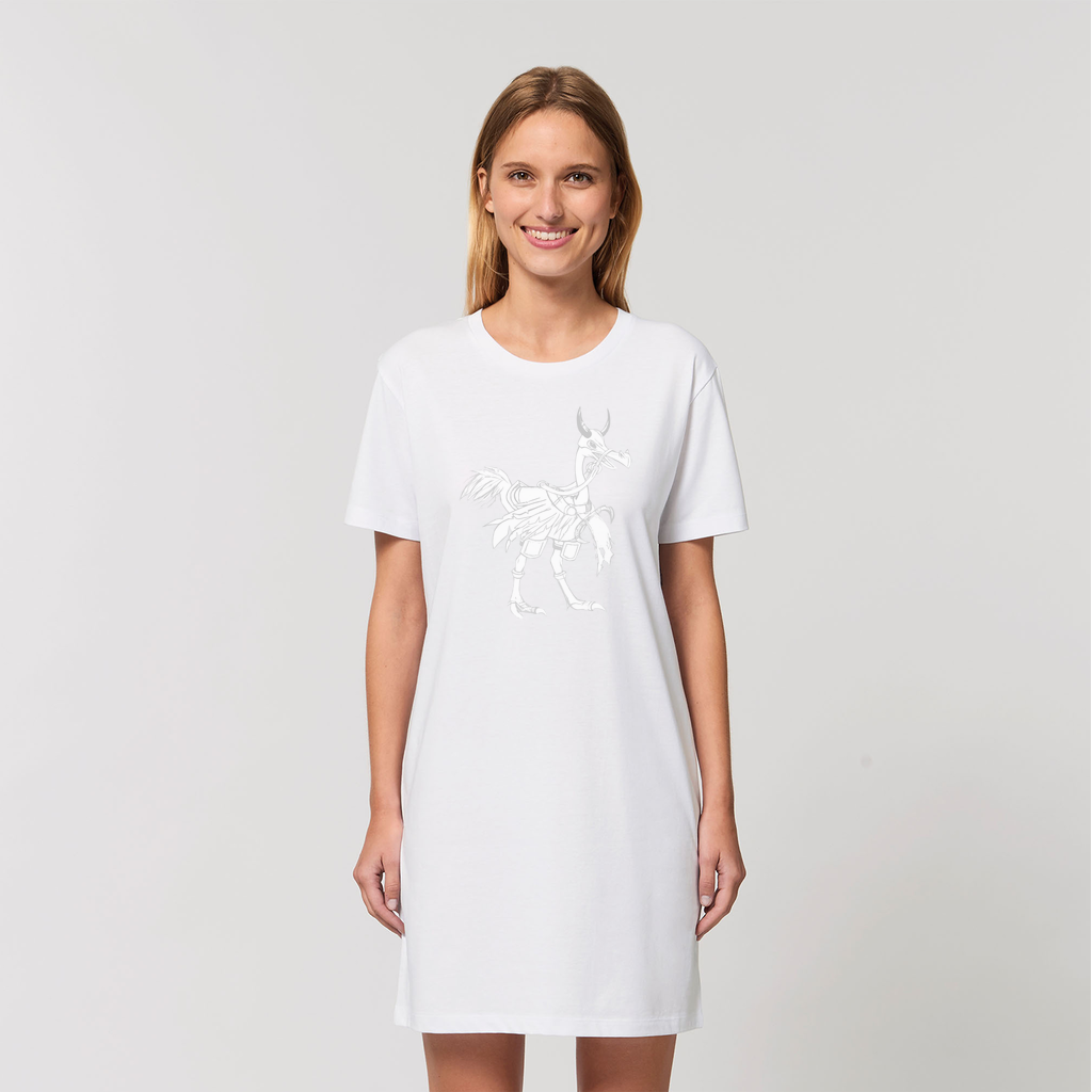 A stylish women's t-shirt dress made from 100% organic cotton, featuring a soft texture and set-in sleeves, available in various colors.