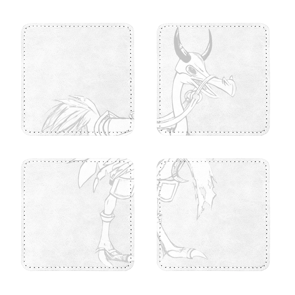 Pack of four stylish PU leather coasters in square and round shapes, featuring a white printable face and white stitching.