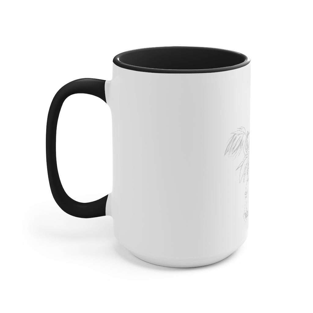 Squawkers the Ostrich Mount Accent Mug featuring a white ceramic body with a colored interior and handle, available in red, pink, and black options.