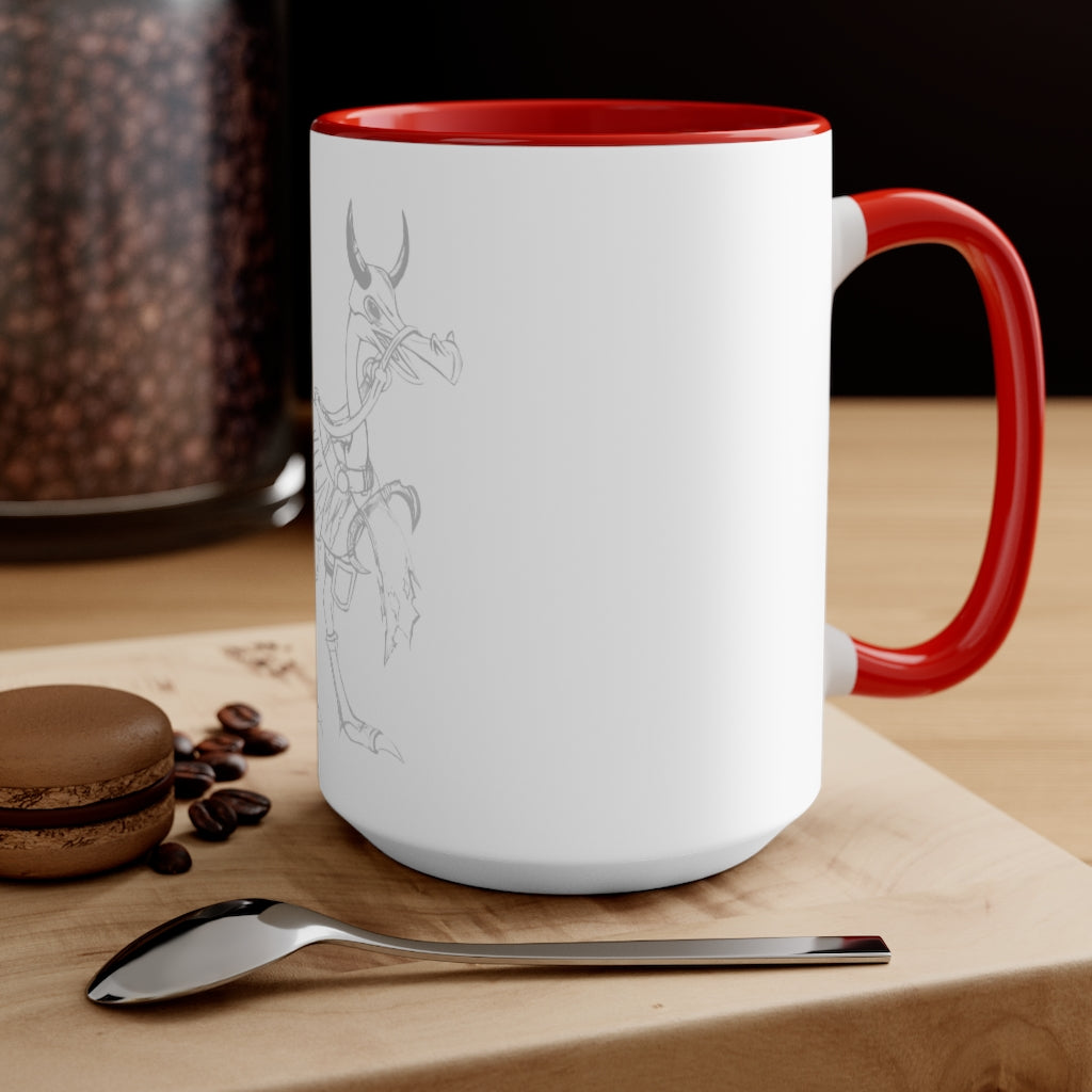 Squawkers the Ostrich Mount Accent Mug featuring a white ceramic body with a colored interior and handle, available in red, pink, and black options.