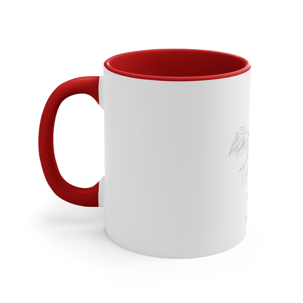 Squawkers the Ostrich Mount Accent Mug featuring a white ceramic body with a colored interior and handle, available in red, pink, and black options.