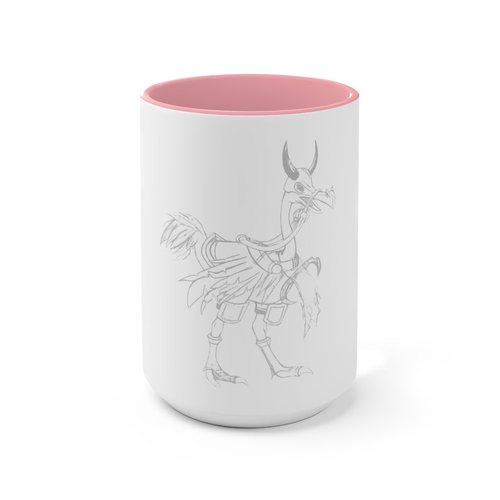 Squawkers the Ostrich Mount Accent Mug featuring a white ceramic body with a colored interior and handle, available in red, pink, and black options.