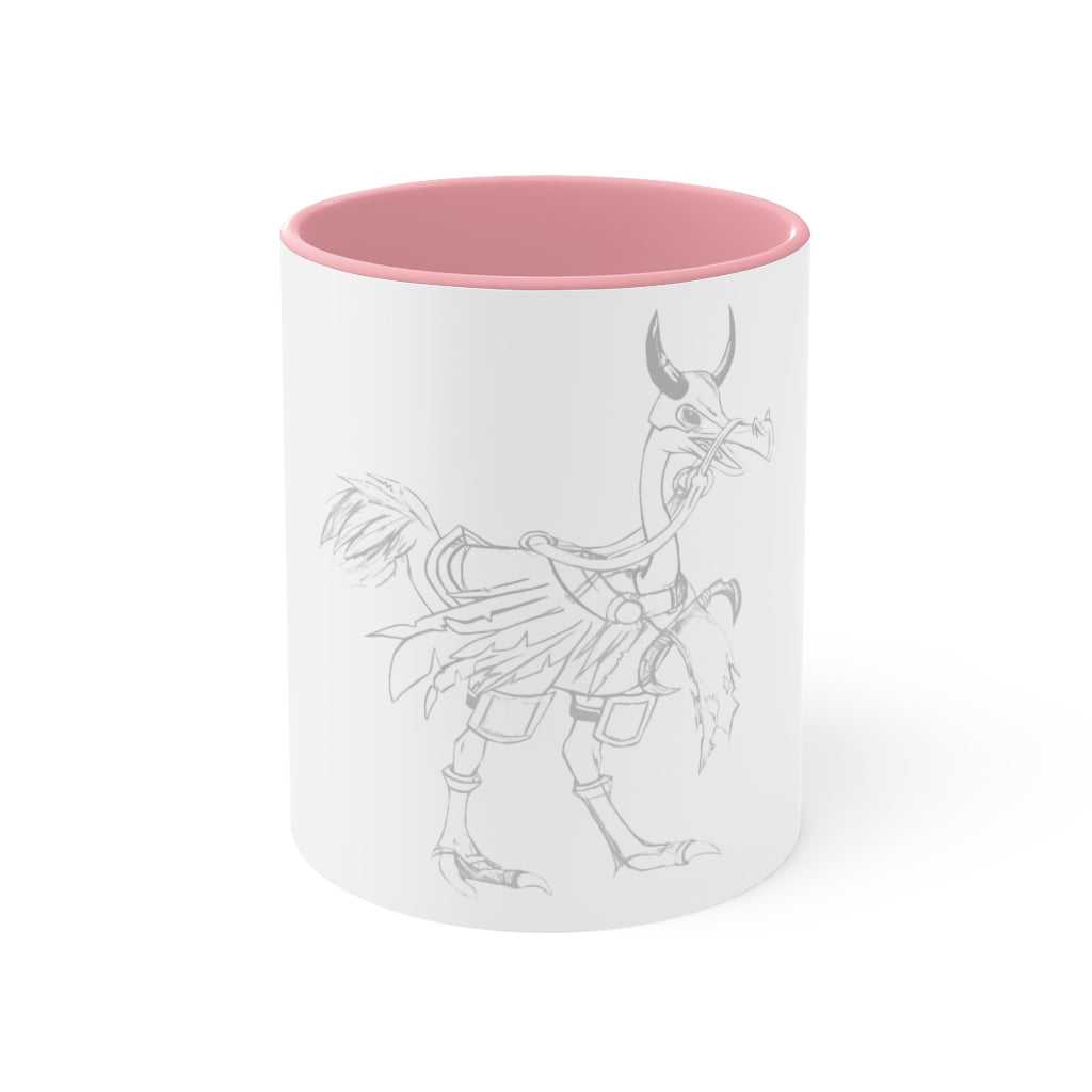 Squawkers the Ostrich Mount Accent Mug featuring a white ceramic body with a colored interior and handle, available in red, pink, and black options.