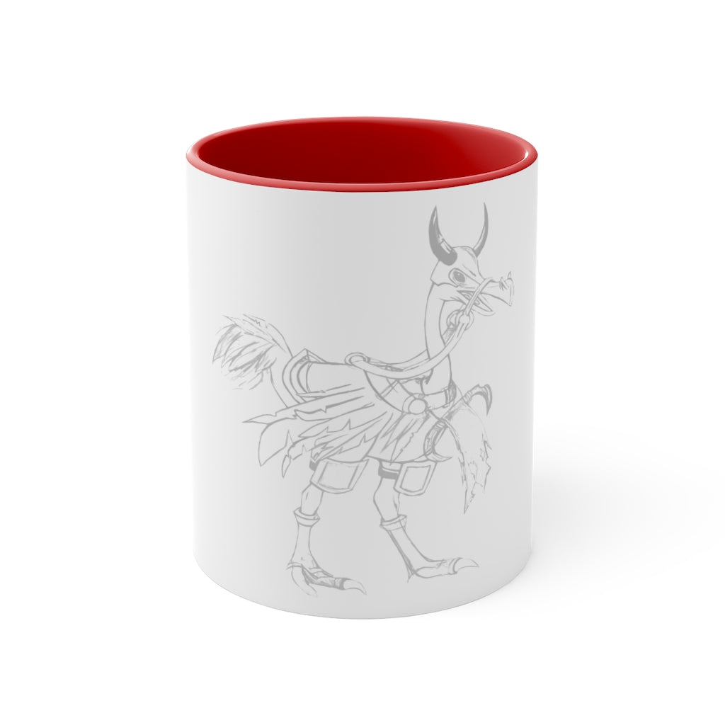 Squawkers the Ostrich Mount Accent Mug featuring a white ceramic body with a colored interior and handle, available in red, pink, and black options.