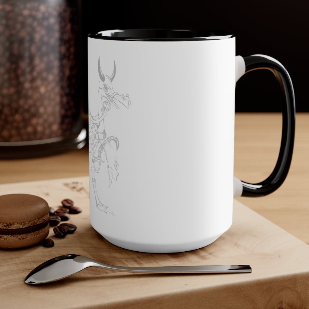 Squawkers the Ostrich Mount Accent Mug featuring a white ceramic body with a colored interior and handle, available in red, pink, and black options.