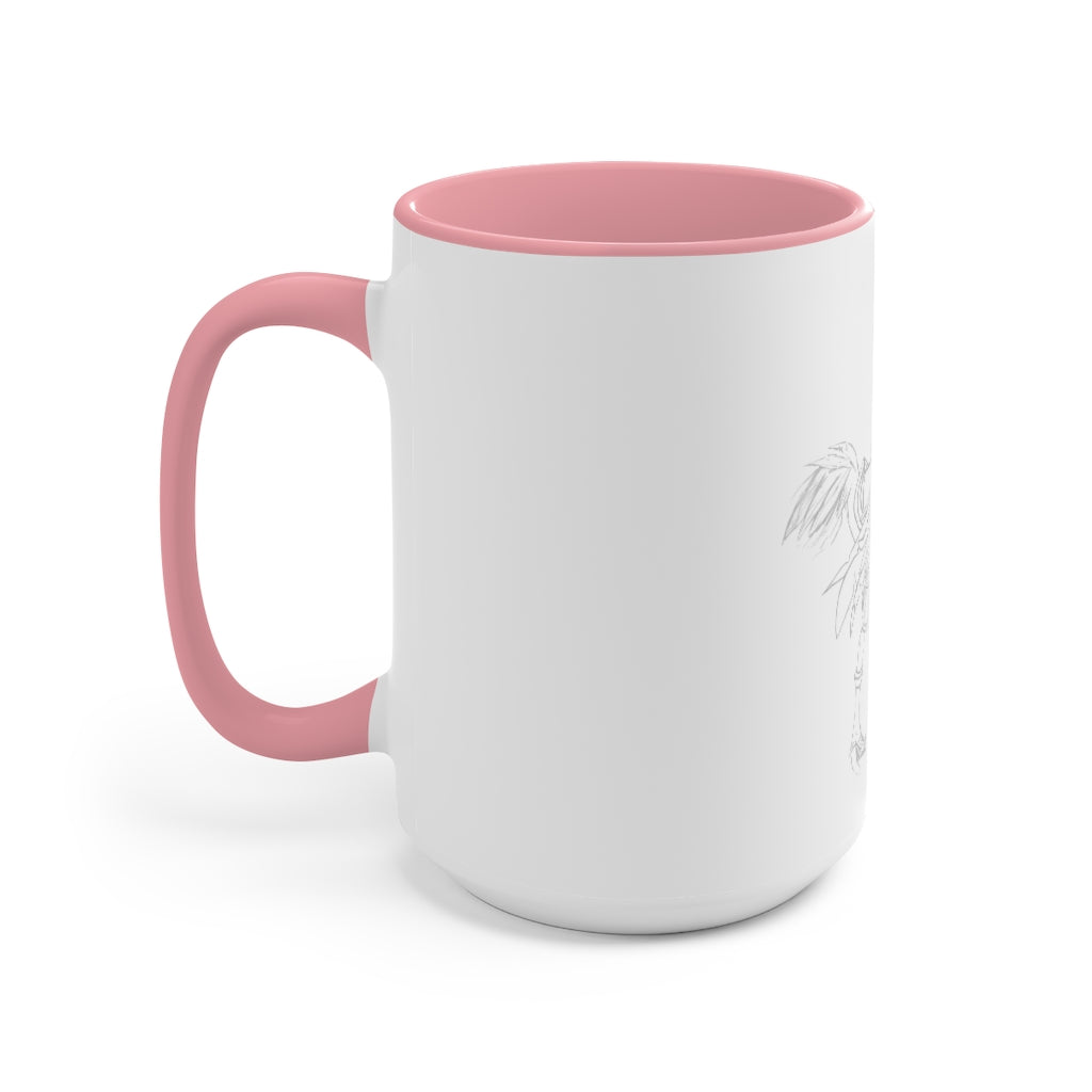Squawkers the Ostrich Mount Accent Mug featuring a white ceramic body with a colored interior and handle, available in red, pink, and black options.