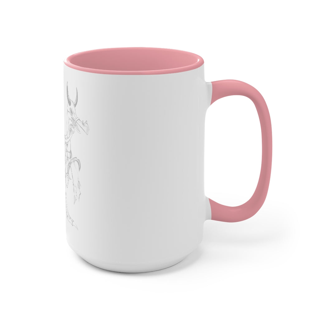 Squawkers the Ostrich Mount Accent Mug featuring a white ceramic body with a colored interior and handle, available in red, pink, and black options.