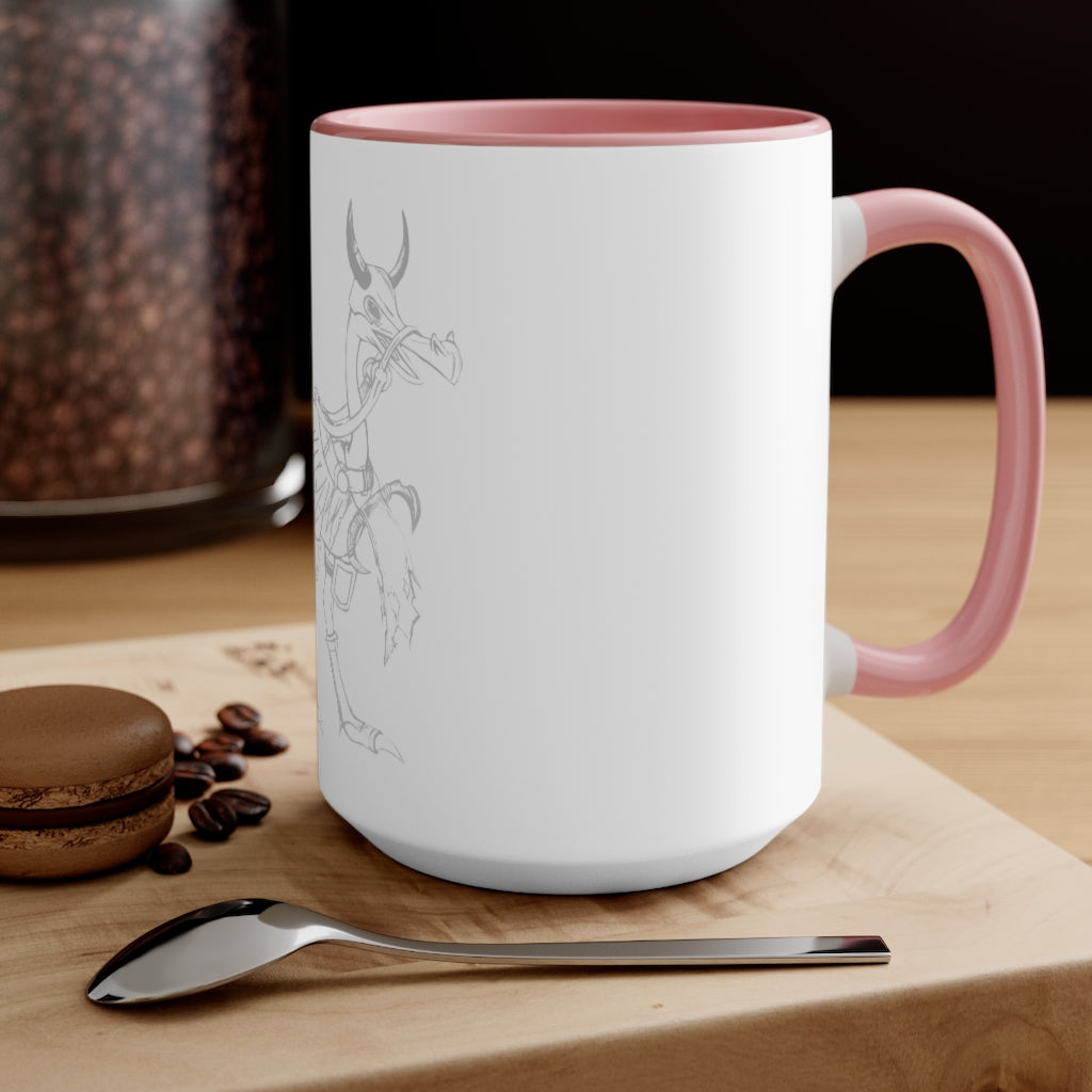 Squawkers the Ostrich Mount Accent Mug featuring a white ceramic body with a colored interior and handle, available in red, pink, and black options.