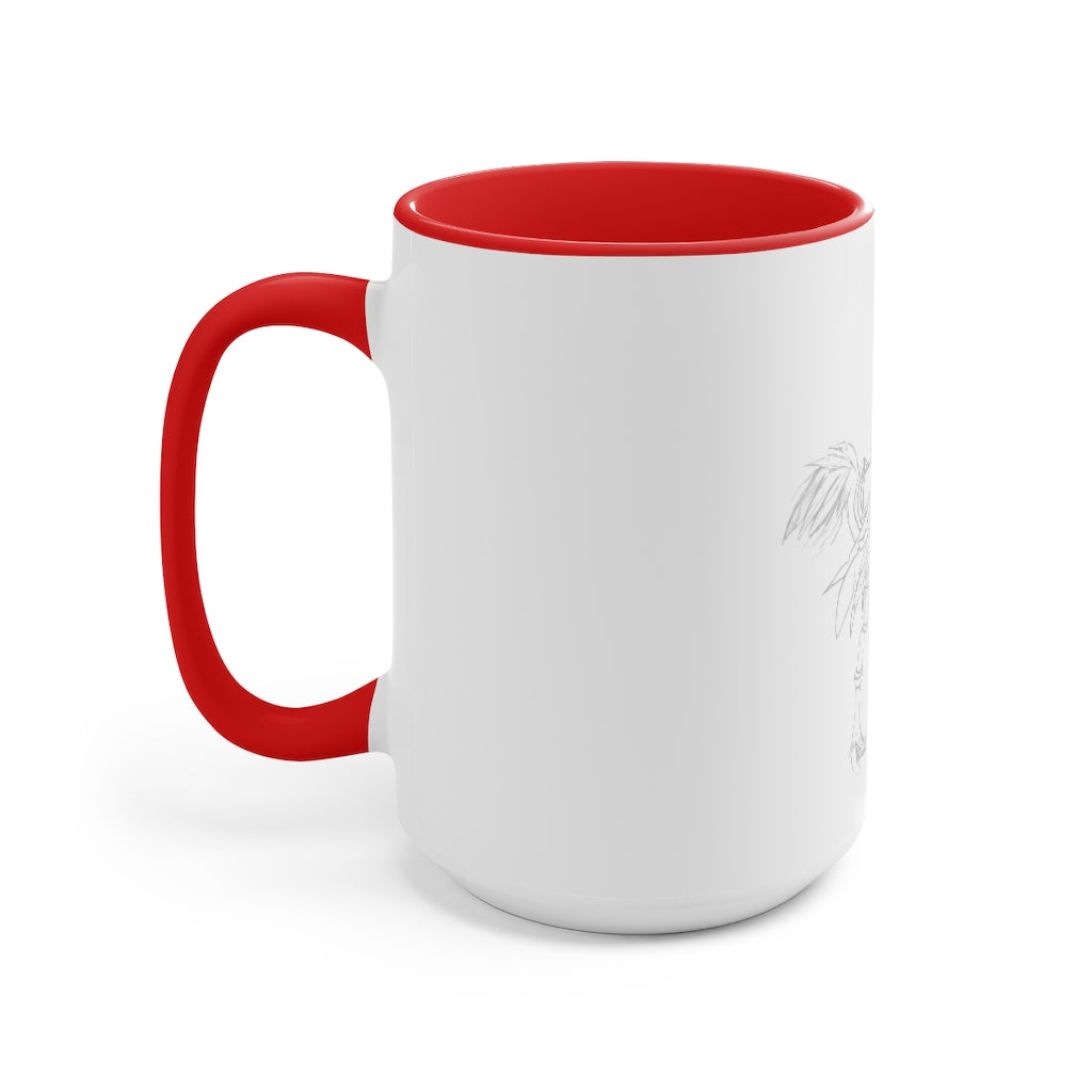 Squawkers the Ostrich Mount Accent Mug featuring a white ceramic body with a colored interior and handle, available in red, pink, and black options.