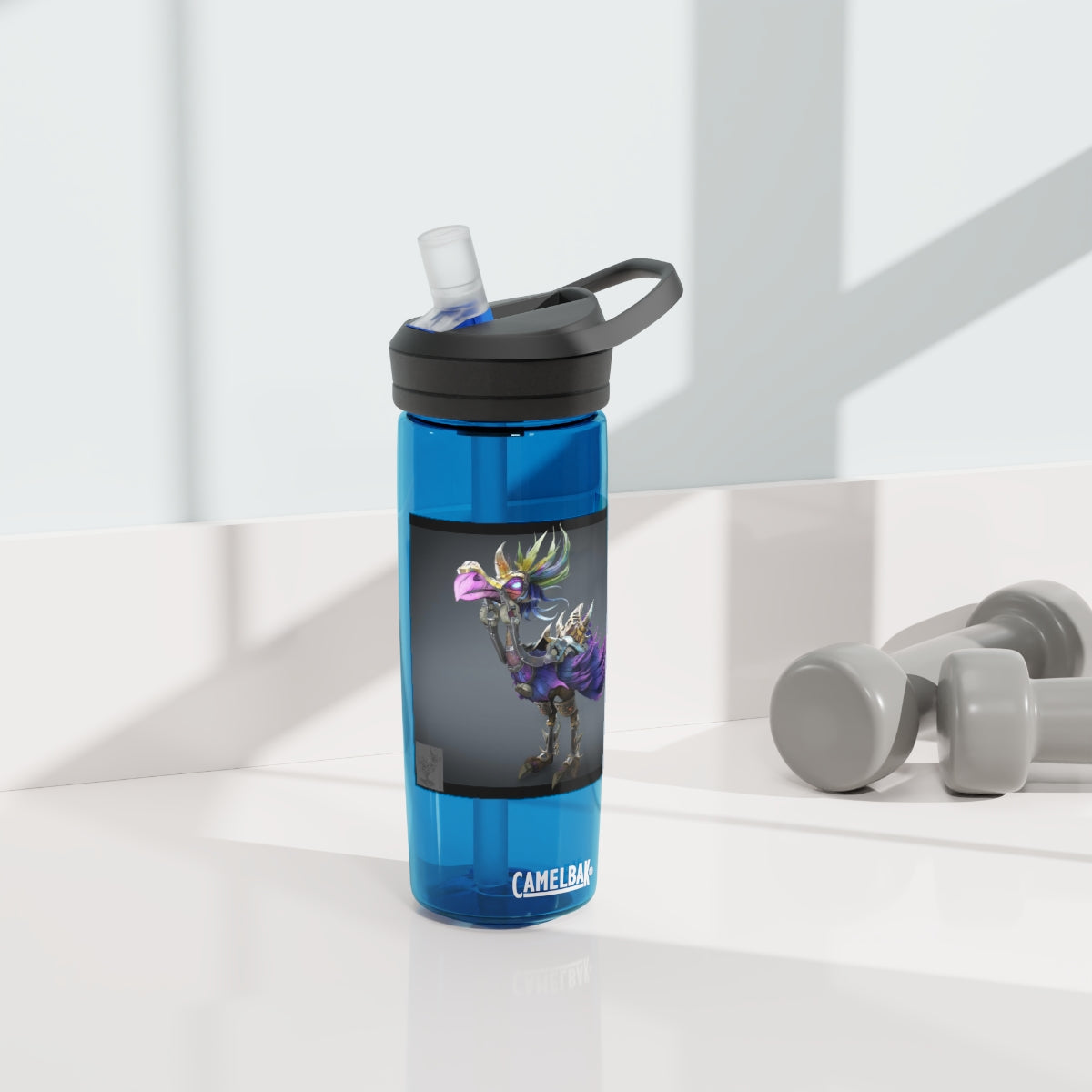 Squawkers the Ostrich Mount CamelBak Eddy® Water Bottle in 20oz and 25oz sizes, featuring a personalized design and robust Tritan™ material.