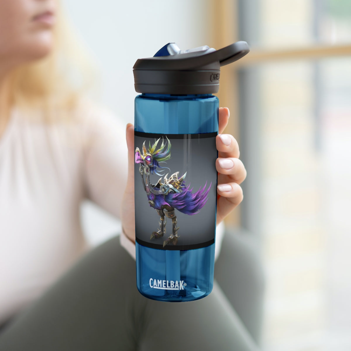 Squawkers the Ostrich Mount CamelBak Eddy® Water Bottle in 20oz and 25oz sizes, featuring a personalized design and robust Tritan™ material.