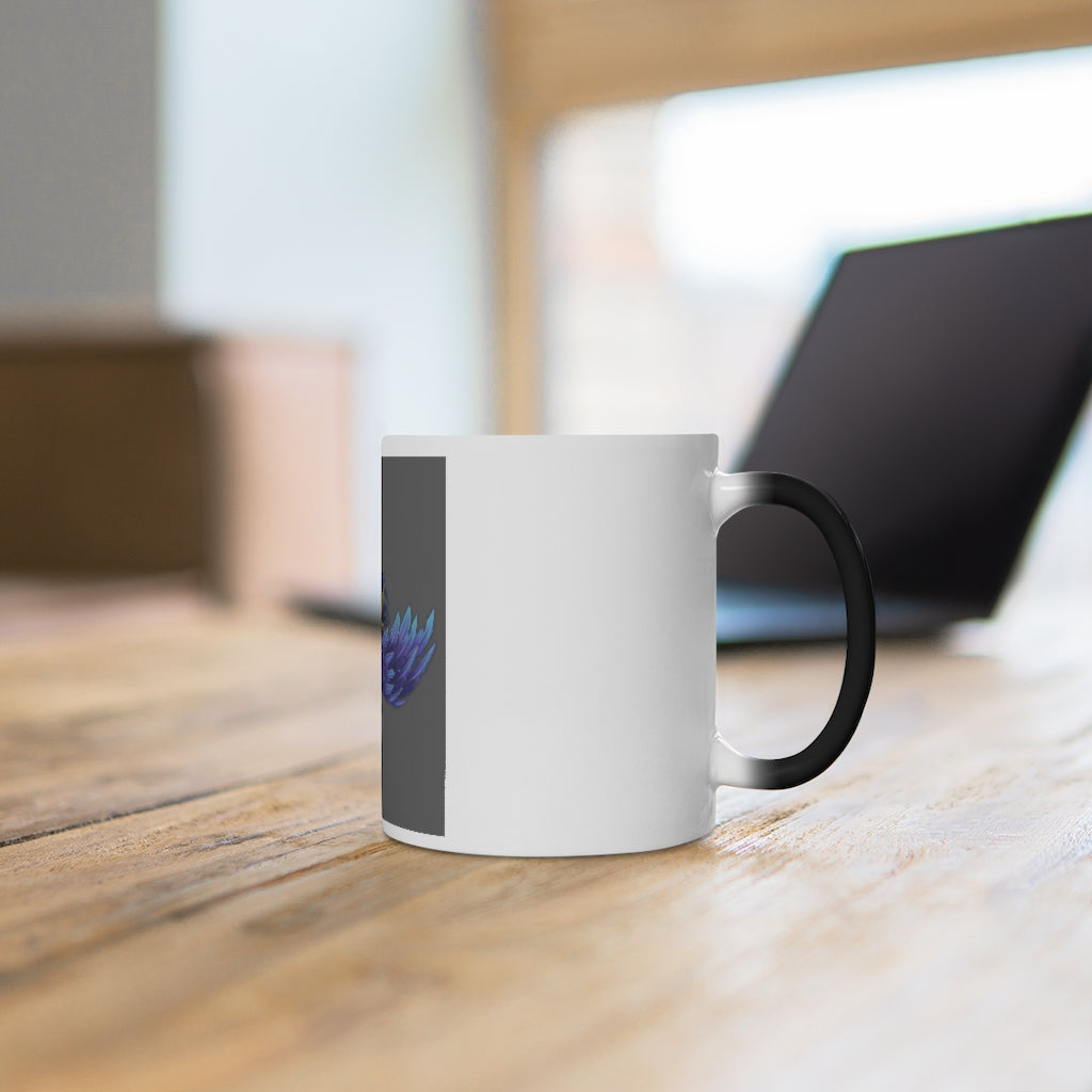 A whimsical color-changing mug featuring Squawkers the Ostrich design, showcasing its vibrant colors and rounded corners.