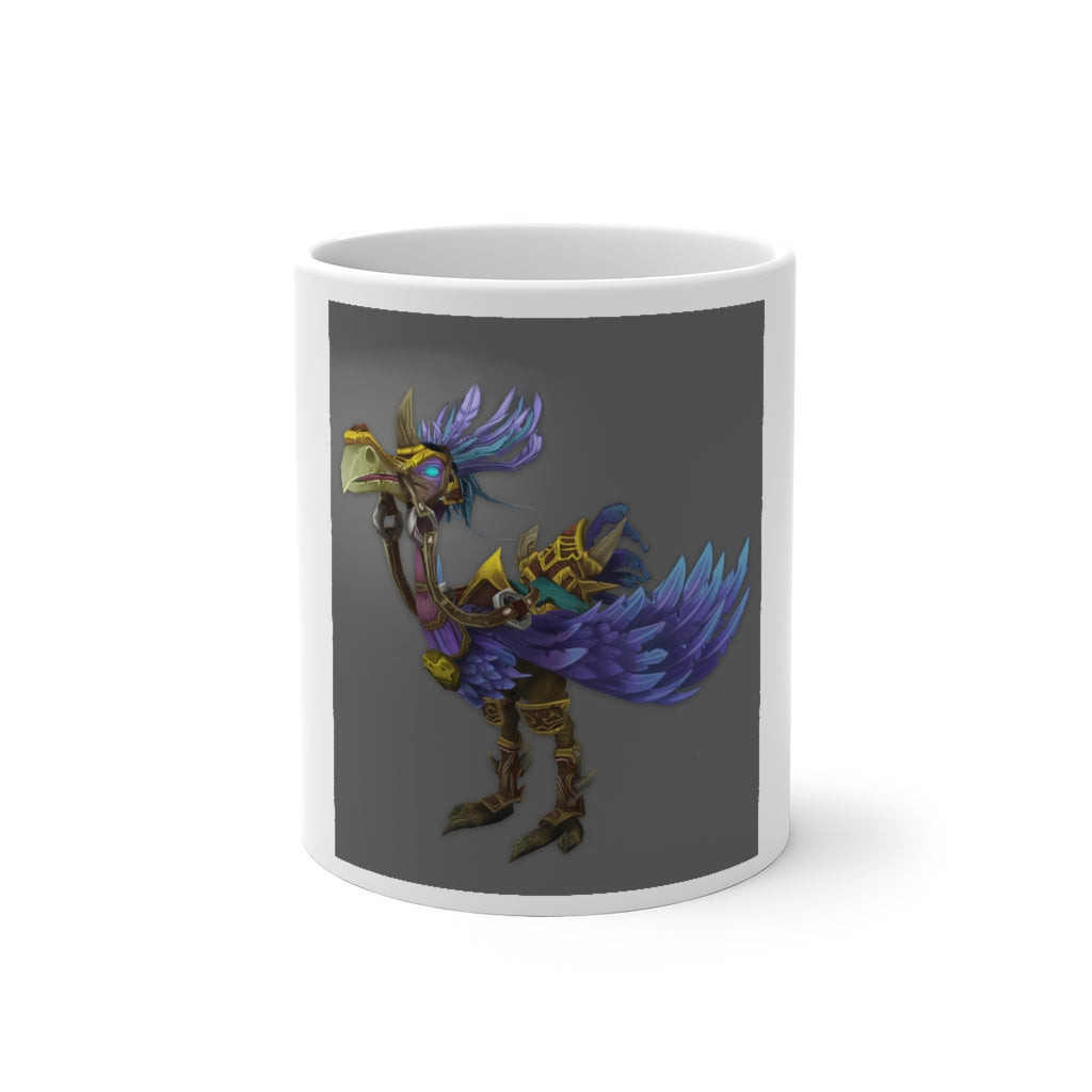 A whimsical color-changing mug featuring Squawkers the Ostrich design, showcasing its vibrant colors and rounded corners.