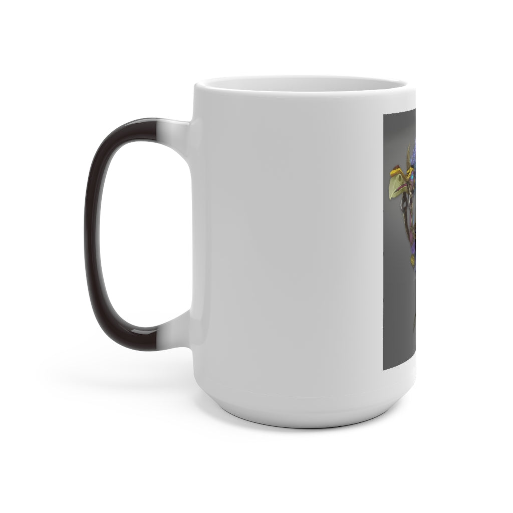 A whimsical color-changing mug featuring Squawkers the Ostrich design, showcasing its vibrant colors and rounded corners.