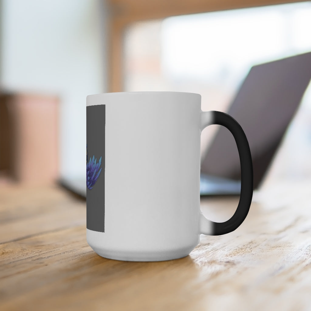 A whimsical color-changing mug featuring Squawkers the Ostrich design, showcasing its vibrant colors and rounded corners.