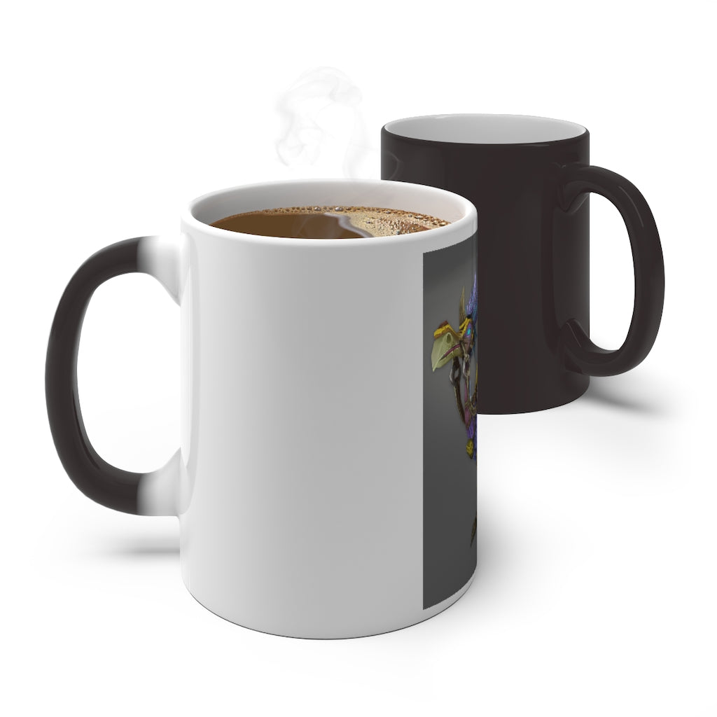 A whimsical color-changing mug featuring Squawkers the Ostrich design, showcasing its vibrant colors and rounded corners.