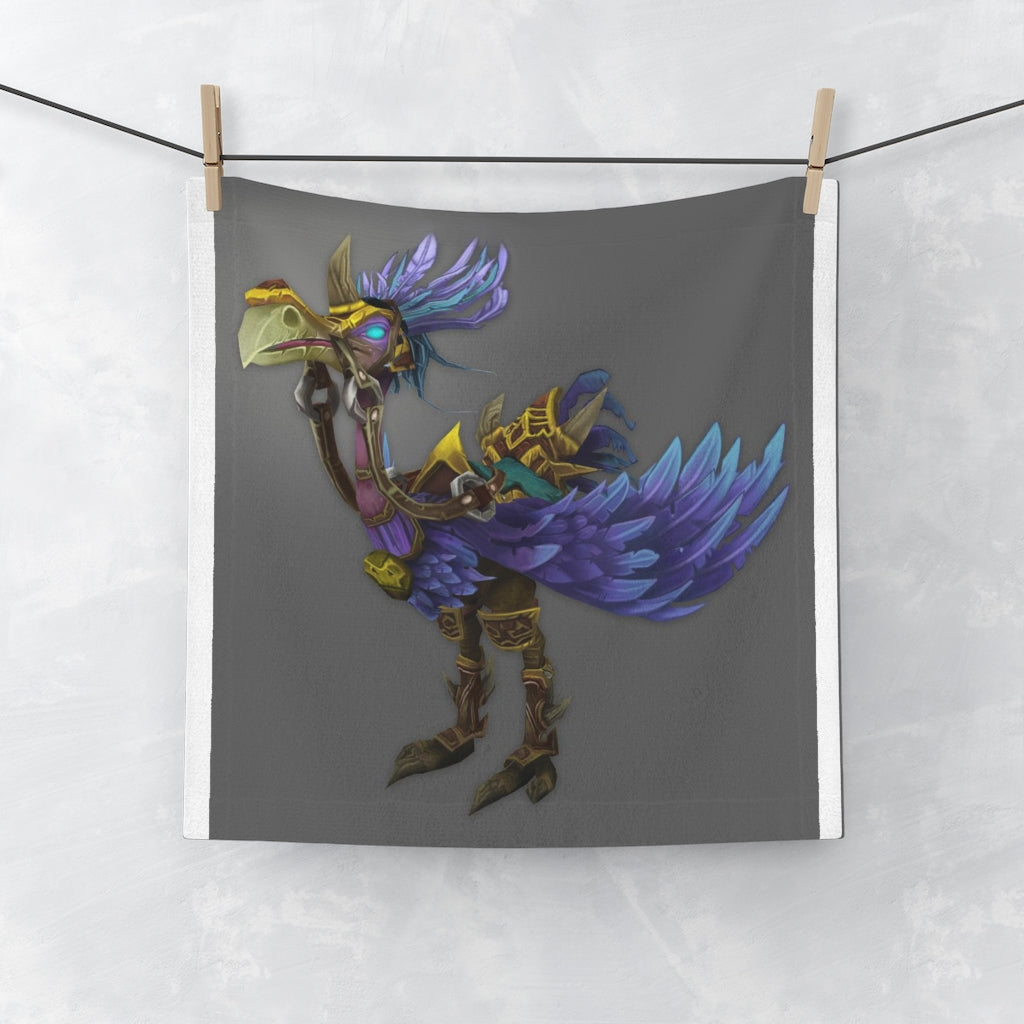 Squawkers the Ostrich Mount Face Towel featuring a colorful ostrich design on a soft polyester blend front and absorbent cotton back.