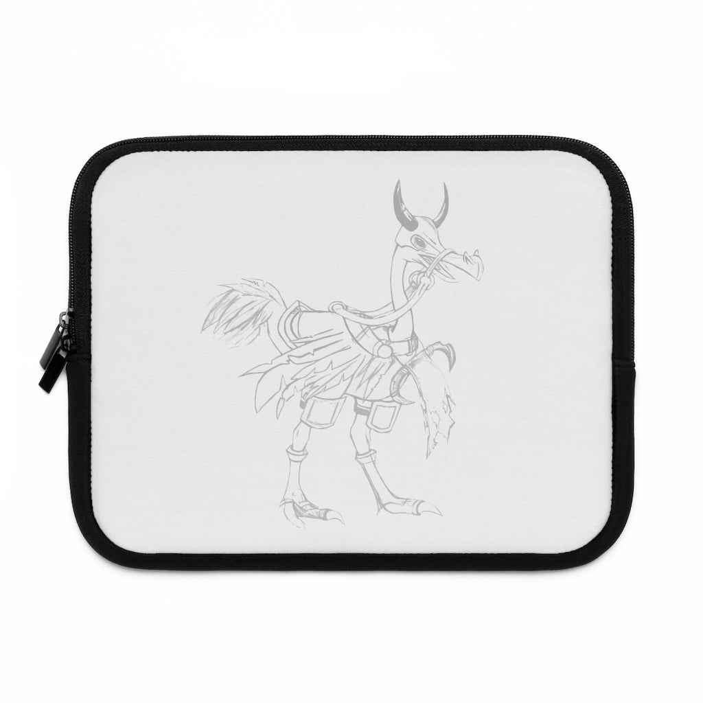 Squawkers the Ostrich Mount Laptop Sleeve featuring a unique design with a black polyester back and dual zipper enclosures.