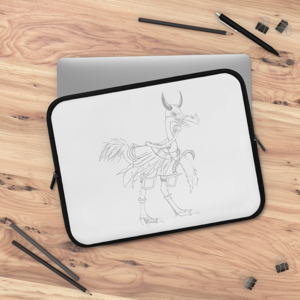 Squawkers the Ostrich Mount Laptop Sleeve featuring a unique design with a black polyester back and dual zipper enclosures.