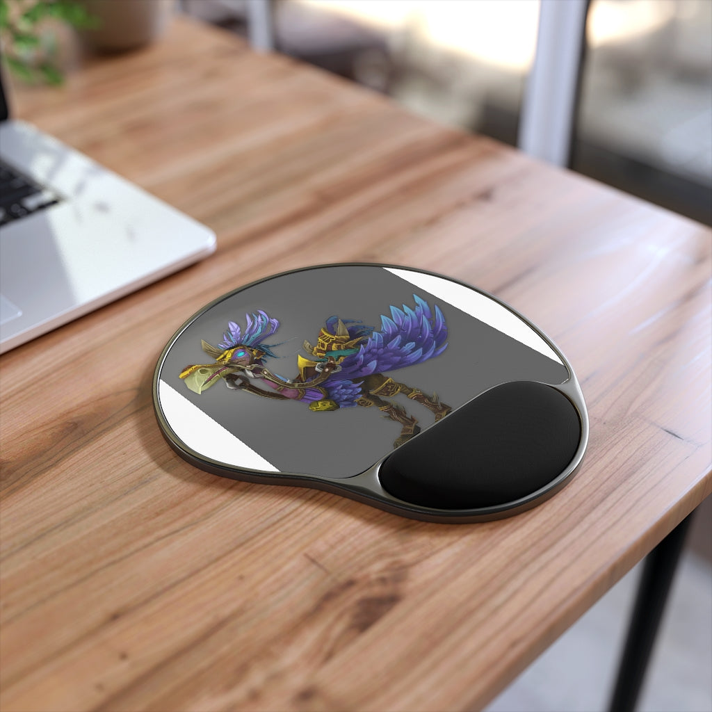 Squawkers the Ostrich Mount Mouse Pad featuring a Memory Foam wrist rest, foot-shaped design, and customizable neoprene insert.