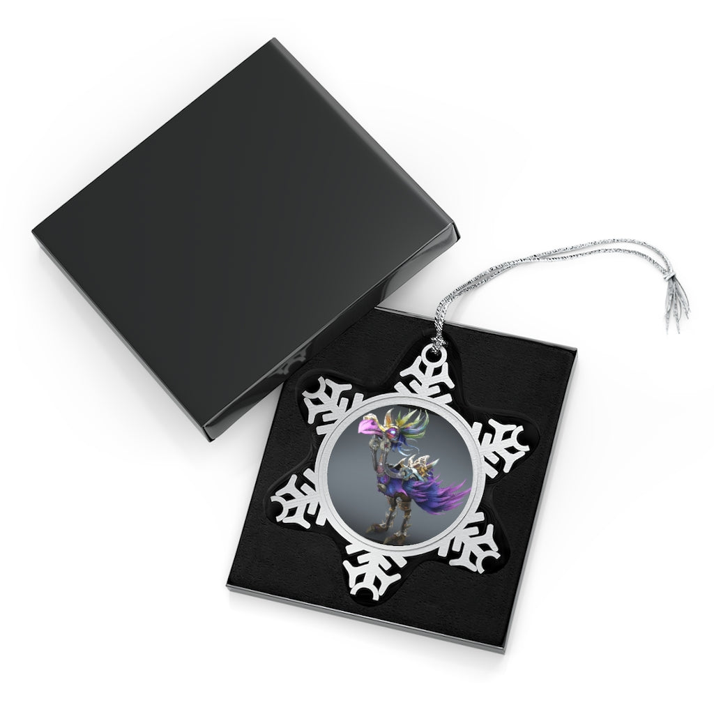 Squawkers the Ostrich Mount Pewter Snowflake Ornament with silver-toned hanging string, showcasing intricate snowflake design.