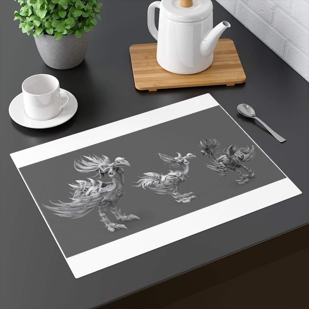 Squawkers the Ostrich Mount Placemat featuring a whimsical design on durable cotton fabric, perfect for dining tables.