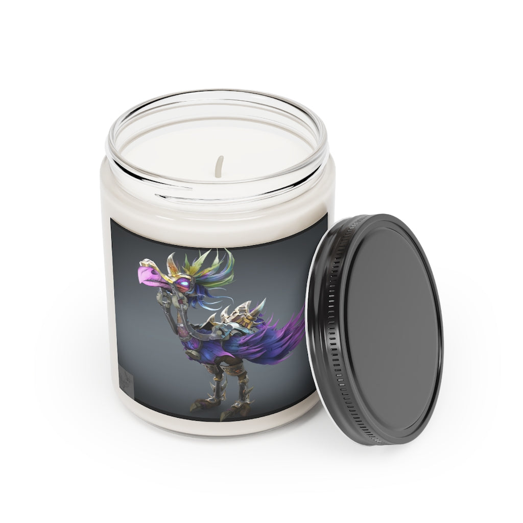 Squawkers the Ostrich Mount Scented Candle in a glass container, featuring a permanent label and showcasing its vegan soy coconut wax.