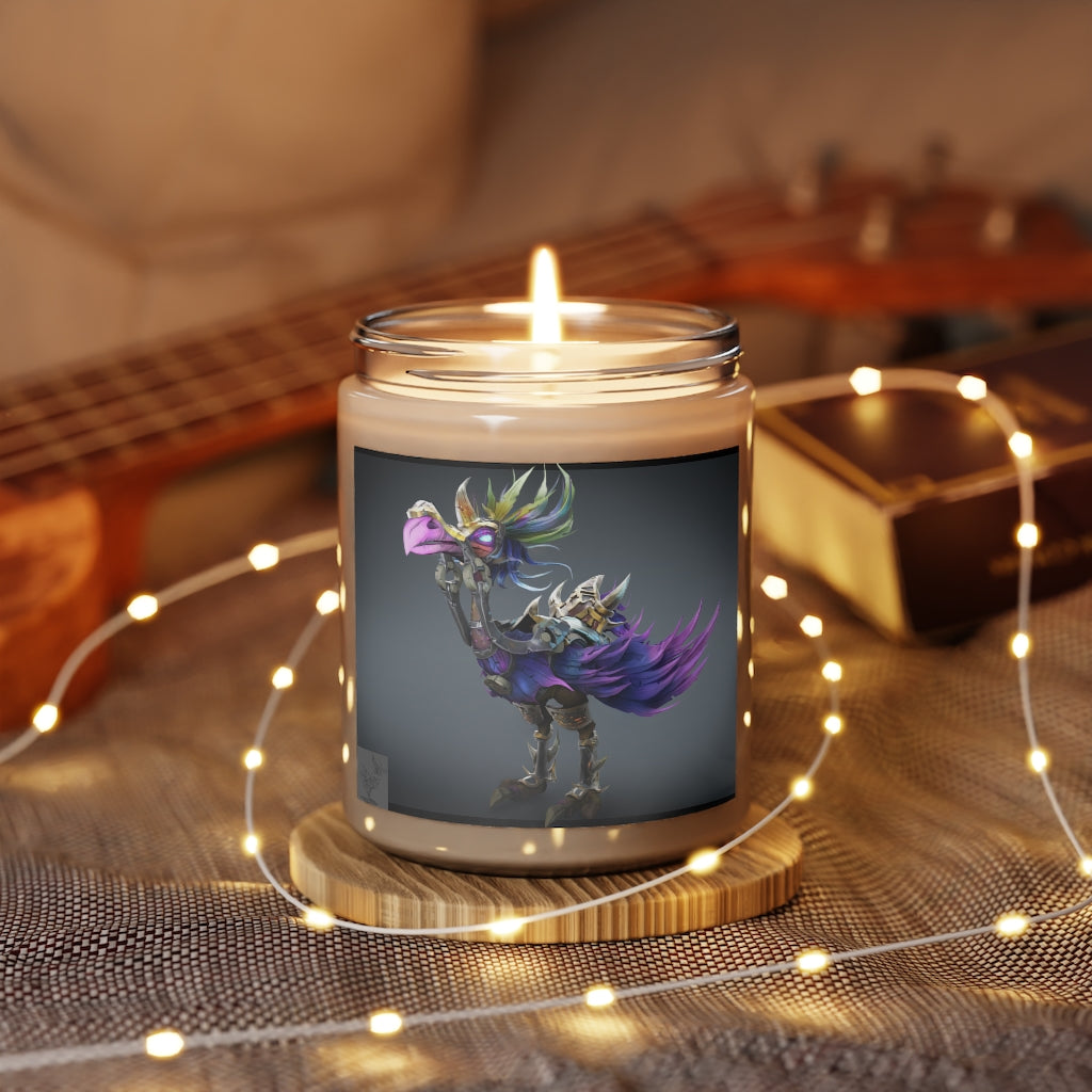 Squawkers the Ostrich Mount Scented Candle in a glass container, featuring a permanent label and showcasing its vegan soy coconut wax.