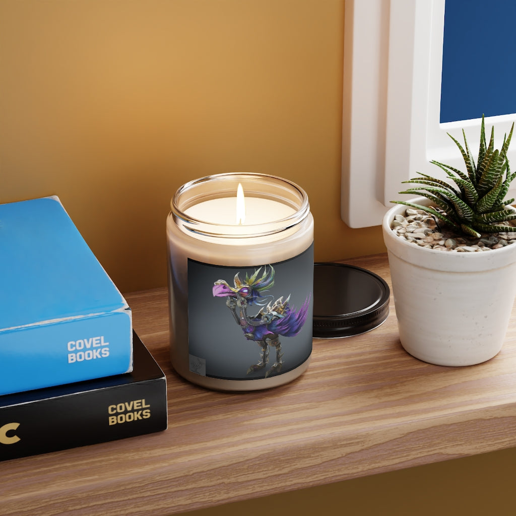 Squawkers the Ostrich Mount Scented Candle in a glass container, featuring a permanent label and showcasing its vegan soy coconut wax.